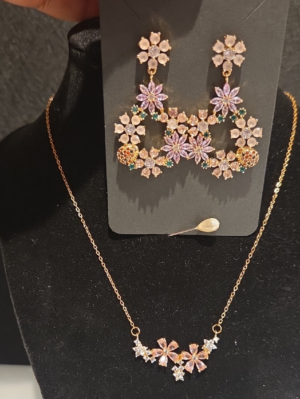 Gold Floral Crystal Necklace and Earrings Set - Pink Accents